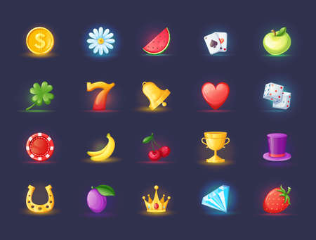 Realistic icons for casino slot machine. Game interface for gambling games lotteries casino machines. Bonus logos for gambling cartoon vector illustrationのイラスト素材