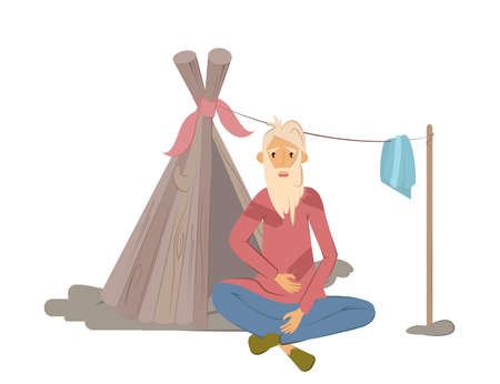 Homeless people concept. Elderly man begging money and needing help, isolated vector illustration. Unemployment poor man in rags, sitting near of temporary ramshackle hut on street.のイラスト素材