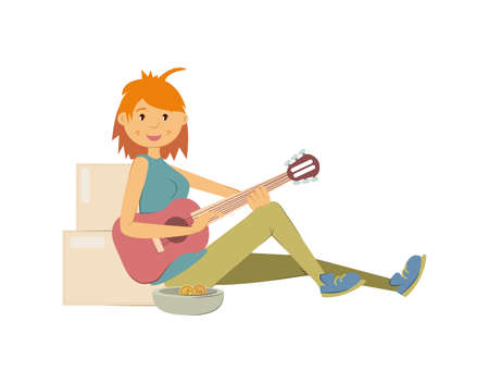 Homeless people concept. Young woman begging money and needing help. Homeless unemployment young girl sitting among the boxes, making money by playing guitar on street isolated vector illustrationのイラスト素材