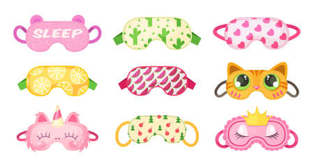 Eye mask sleeping night. Sleep masks different shapes, eye protection accessories, prevention of healthy sleep. Masks in form of cat, unicorn, raccoon, fox, bunny, for New Year cartoon vectorのイラスト素材