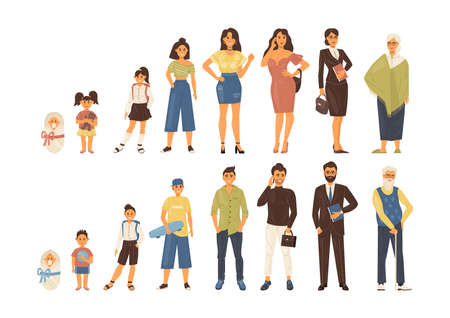 Man and woman life cycle in sequential order. Girl and boy growing up from newborn baby to elderly. Baby, child, teenager, student, business people, adult and senior. The life cycle isolated vectorのイラスト素材
