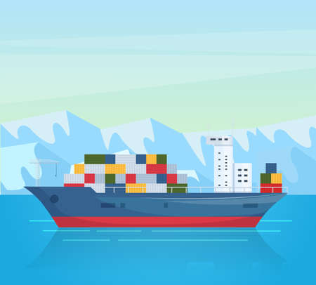 Maritime ships at sea. Industrial sea cargo logistics container, container ship with load. Seagoing freight transport, global cargo shipping concept vectorのイラスト素材