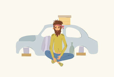Homeless people, poverty concept. Adult man begging money and needing help, isolated vector illustration. Unemployment poor man in rags, sitting near a disassembled car on street.のイラスト素材