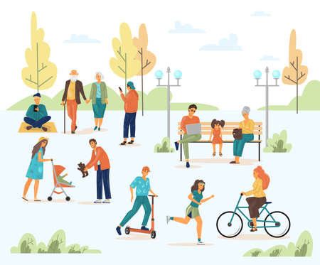 People walking in city park on summer street. Family, couple, elderly people taking picture in nature, walking with children, riding bicycle, scooter, relaxing in city park jogging along street vectorのイラスト素材