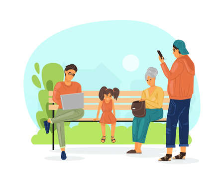 People walking in city park on summer street. Families with children, elderly people relax on a bench in the park, work and communicate using mobile technologies cartoon vectorのイラスト素材