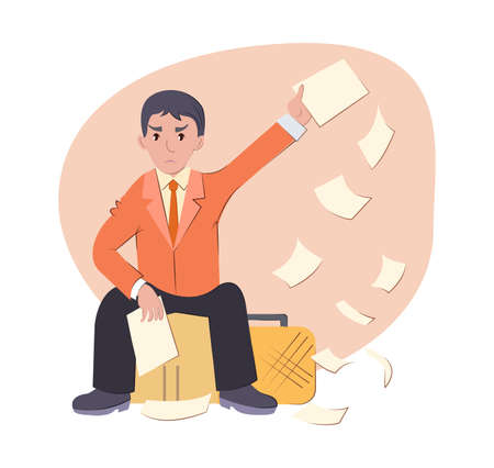 Sad pensive young man, sitting and scattering sheets of paper, documents after being fired from work. Flat concept of layoffs, unemployment, job cuts and crisis. Man loses his job in a crisis vector.のイラスト素材