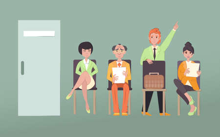 Unemployed people in crisis, sit in line for an interview on vacant job. Men and women outside boss's office door. People in search of work. Job interview, recruitment. Competition of people for jobsのイラスト素材