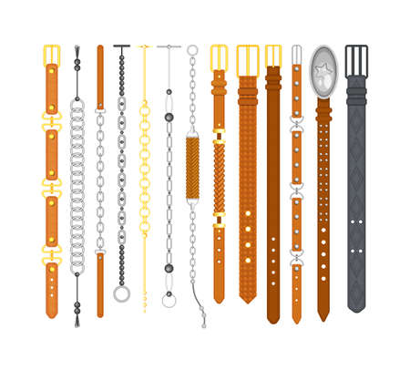Belts leather and metallic gold and silver chains, stainless steel necklaces. Fashion jewelry from precious metals. Isolated vector illustration with realistic metallic accessories.のイラスト素材