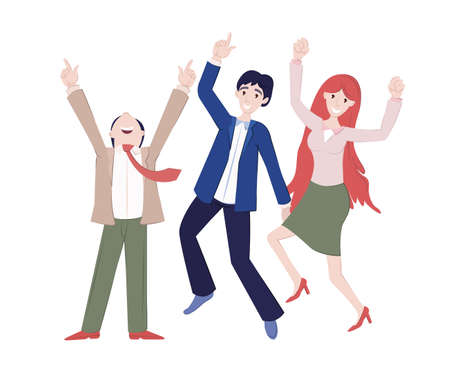 Team celebrates success. Successful working colleagues with prize. Business teamwork group employee of happy people, jumping, celebrating victory together. Achievement reward, winning character vectorのイラスト素材