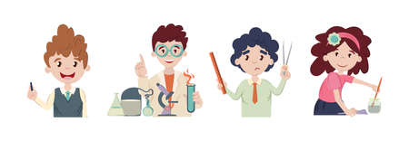 School children in the classroom on lessons. Back to school. Cute schoolchild at lesson of chemistry, sketching, physical education, astronomy, in library, geometry vector illustration.のイラスト素材