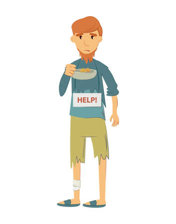 Homeless people concept. Unemployed homeless people who find themselves in crisis. Young man with sign for help begging money and needing help cartoon vectorのイラスト素材