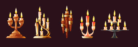 Realistic candles in candlesticks set. Retro vintage candle holders, chandelier and candelabrums...