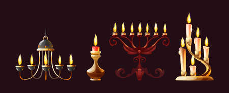 Realistic candles in candlesticks set. Retro vintage candle holders, chandelier and candelabrums...
