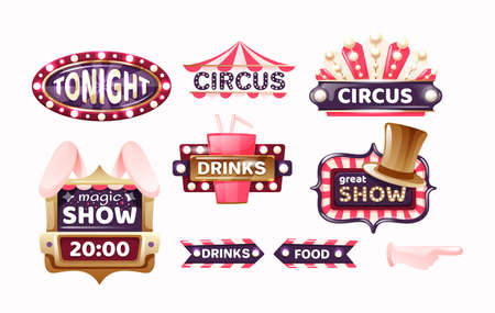 Vintage circus labels, sign boards and carnival signboards, arrows elements. Logotype template for...