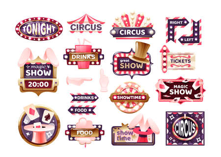 Vintage circus labels, sign boards and carnival signboards, arrows elements. Logotype template for carnival, event banner emblems for entertainment. Circus elements show invitation, tickets vectorのイラスト素材
