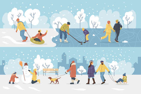 Active people in the winter park. Happy family walking and ride child on the sled. People in the...