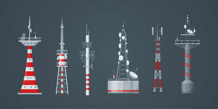 Communication towers set. Radio wireless masts and telecommunication towers, radio tv antenna. Communication satellite antenna, wireless television broadcast isolated vectorのイラスト素材