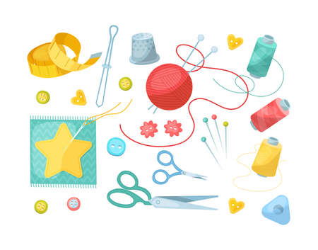 Needlework tools set. Handmade Kit: scissors, spools of thread, buttons, meter, thimble, pin,...