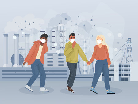 Group people character choking on dust wearing protective face masks gas walking along dusty polluted street. Pollution environmental of smoking pipes factories, industry smoke smog cartoon vectorのイラスト素材