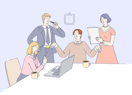 Business office workers team cooperation. Business team meetings together, teamwork group of people over the solution of task, discuss problem. Joint negotiation with work colleagues concept vectorのイラスト素材