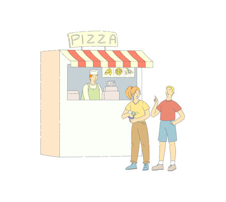 Street food festival with fast food trucks. Group people buy pizza at seller in kiosk. Family resting outdoors in park market walking between vans. City park restaurants flat vectorのイラスト素材