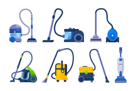 Vacuum cleaner equipment cartoon set. Washing robot cyclone and car vacuum cleaner. Professional cleaning equipment for home and business vector illustrationのイラスト素材