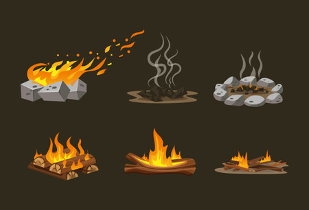 Firewood boards, night outdoor bonfire of branches, fire burning wooden logs, flaming, extinct fire bonfire, coals. Wood campfire. Wood material branches, planks. Firewood flames, bonfire flame vectorのイラスト素材