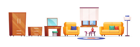 Living room furniture cartoon. Furniture for home interior decor, cozy living room.のイラスト素材