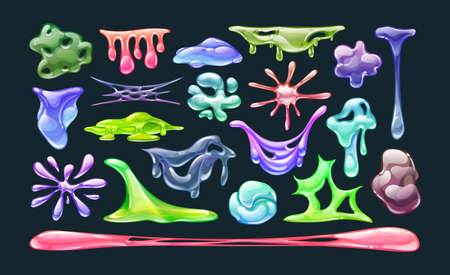 Realistic colorful homemade slime in shape of dripping blob splashes smudges. Goo blob splashes, toxic slimy liquid which is dripping, stretching, slimy drops. Radioactive spots drops vectorのイラスト素材