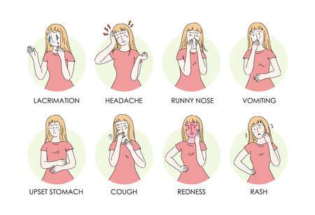 Cartoon character woman infographics with allergy symptoms. Symptoms of disease. Lacrimation, headache, nausea, vomiting, rash, itching, sore throat, cough, redness of face, diarrhea thin line vectorのイラスト素材