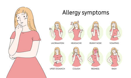 Cartoon character woman infographics with allergy symptoms. Symptoms of disease. Lacrimation, headache, nausea, vomiting, rash, itching, sore throat, cough, redness of face, diarrhea thin line vectorのイラスト素材