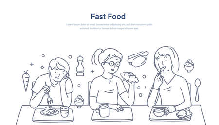 Students lunch time. Group of young people eating fast food, ice cream, sweet, drink coffee. Friends students sitting together at the table chatting communicate together and having lunch flat vectorのイラスト素材