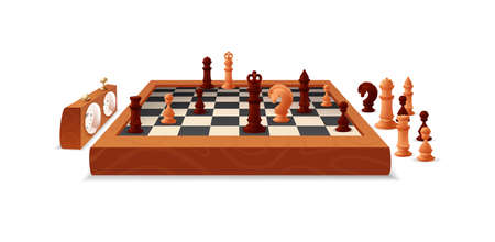 Wooden chess game pieces and figures on chess board. Chessboard with figures and clock. Board game, tactical logic sports game, chess tournament, hobby vector illustration on white backgroundのイラスト素材