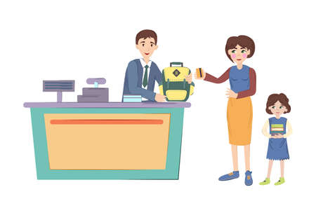 Shopping in store. Mother and daughter schoolgirl are in shopping center, at checkout, buying everything they need for school. School backpack satchel, educational books, stationery cartoon vector.のイラスト素材