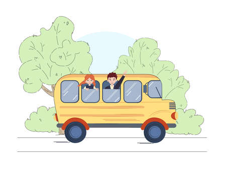 School kids riding school bus. Delivery of children by school bus. Boy and girl waving hands from...