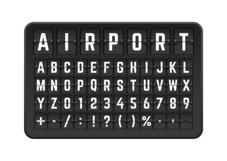 Scoreboard mechanical flip font. Realistic terminal flip board font template for departures and arrivals flight. Flipping departure status. Alphabet, numbers display board on dark background vector.のイラスト素材