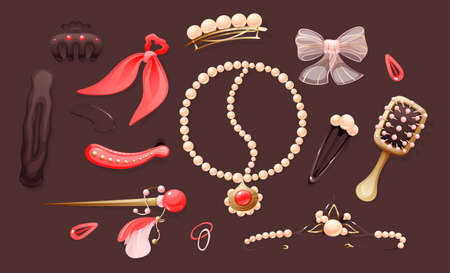 Hairdressers fashionable, beautiful hairpins for styling and hair care. Hairpins, combs, braslet, brooch, hair clips for female salon concept. Hairdressing accessories isolated on color background.のイラスト素材