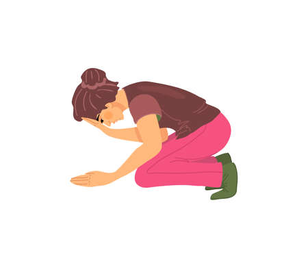 Unhappy young girl in despair, anger, kneels, sadness, expression loneliness, pain problems. Frustrated woman with nervous problems, in anger, irritation holding his head. Despair, frustration vectorのイラスト素材