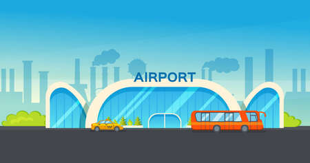 Airport terminal building and airplanes, taxi, car, loader. Airplane on the runway an urban landscape background. Modern architecture building airport. Public transport, taxi cars vector illustrationのイラスト素材