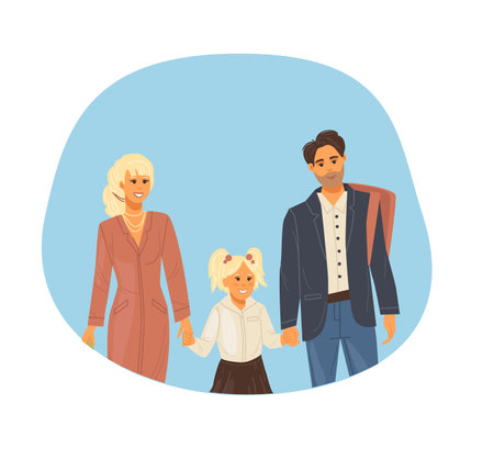 Family relationships, joint leisure and entertainment together. Dad and mom take schoolboy to school. Back to school. Learning education cartoon vectorのイラスト素材