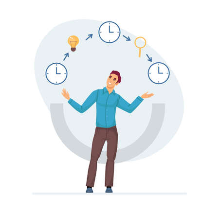 Effective working time planning. Time management, clock business work, effective time spending. Businesman sets the time on the clock for manage and work planning, workflow scheduling cartoon vectorのイラスト素材