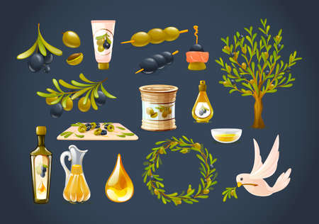 Organic olive products set. Black and green olives, glass bottle decanter of olive oil, tree branches, based cream, wreath, bird with a branch of olives. Healthy organic products cartoon vectorのイラスト素材