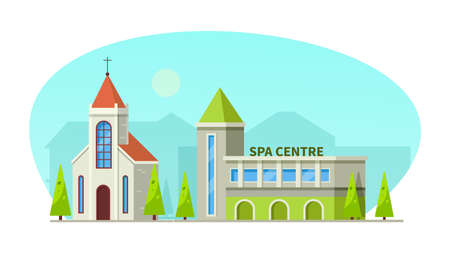 Municipal spa center and the temple buildings. Modern architecture building church in summer urban landscape of cityscape cartoon vectorのイラスト素材