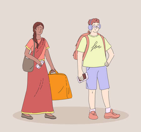 Young guy with backpack, glasses and headphones and Indian girl with luggage and a suitcase stands with boarding pass and waits for her ticket control.のイラスト素材