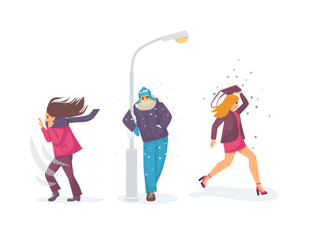 Natural disasters, severe weather conditions snowfall, hail, strong wind. Girls covers herself from strong wind, hurricane storm, from falling hail. Guy is freezing due to extreme cold and snow vectorのイラスト素材