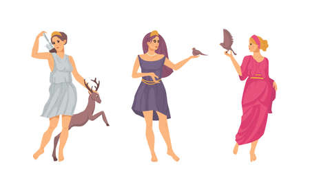 Pantheon of ancient Greek gods. Ancient female Gods Artemis, Aphrodite, Demeter. Aphrodite goddess of sensual love, Demeter - peaceful force of nature, Artemis - forests, fertility cartoon vectorのイラスト素材