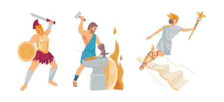 Pantheon of ancient Greek gods. Ancient Greece Gods Hephaestus, Zeus, Ares. Patrons of fire and crafts, war, sky, thunder and lightning, cartoon vector illustrationのイラスト素材
