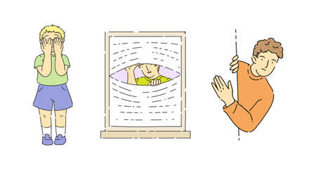Man, children peeping from around corner of building, kid through slit of hands, between blinds. Surprised smiling looking characters, playing hide and seek or spies spying on someone flat line vectorのイラスト素材