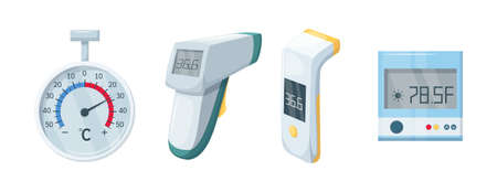 Medical domestic meteorology thermometer. Mercury and electronic thermometer for temperature measurement. Temperature scale for measurement. Healthcare and medical equipment, device flat vector.のイラスト素材