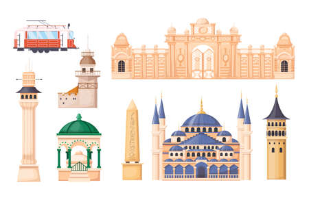 Turkey country buildings landmarks. Turkey vacation landmarks buildings, towers, transport, city bridge, mosque. Istanbul travel destinations. Travel concept for Asia cartoon vector illustrationのイラスト素材